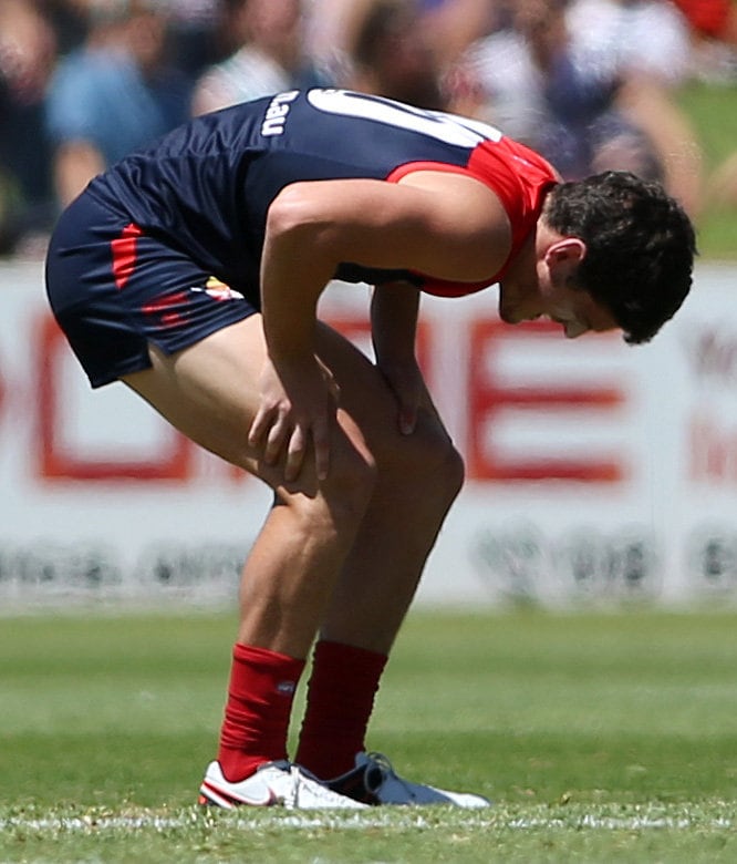 AFL 2016 NAB Challenge - Port Adelaide v Melbourne ADELAIDE, AUSTRALIA - FEBRUARY 27: Angus Brayshaw of the Demons injured during the 2016 NAB Challenge match between Port Adelaide Power and the Melbourne Demons at Playford Alive Oval, Adelaide on February 27, 2016. (Photo by AFL Media)